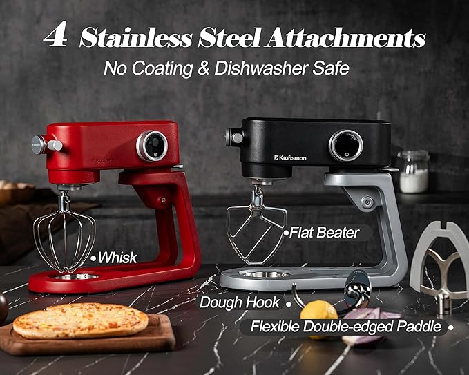 Stand Mixer Heavy Duty - All Metal Kitchen Standing Mixer 5.3 Quart with 4 Stainless Steel Attachments, DC Motor & Multifunctional Power Hub, 8-Speed & Timer, Lower Noise (Red)