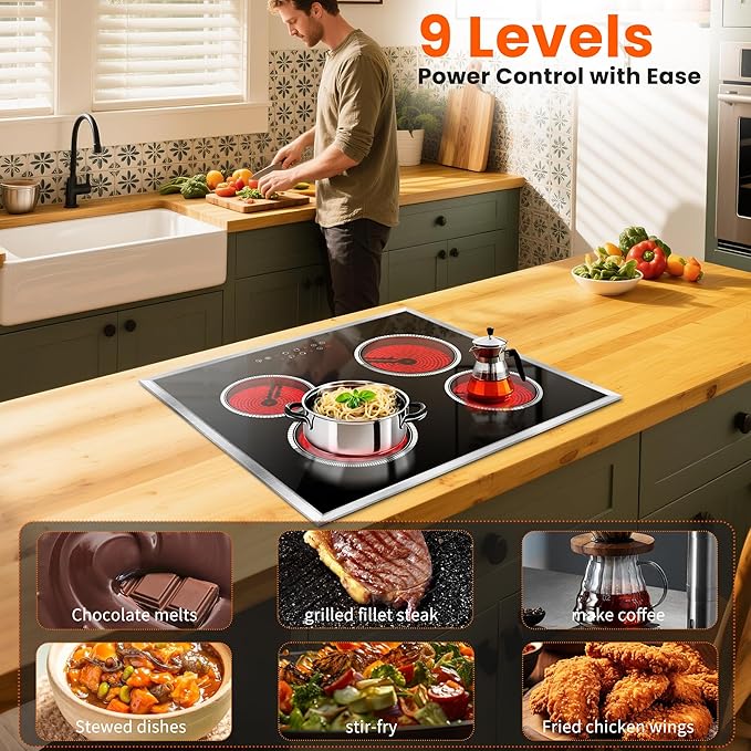24 Inch Electric Cooktop 4 Burner Electric Stove, 6000W Built in Ceramic Stovetop with Touch Control 24", Timer, Child Lock, 9 Heating Level, 220-240v, Hard Wire(No Plug)