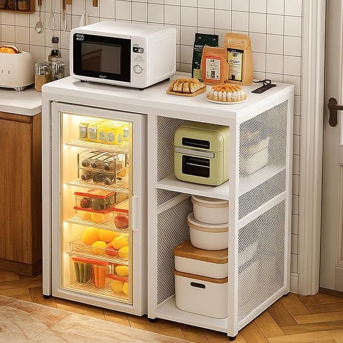 Homieasy Mini Fridge Cabinet Stand with Power Outlet, Coffee Bar Cabinet with Mini Fridge Space, Bar Stand with Microwave Shelf with Wine Rack for Kitchen, Dorm, White