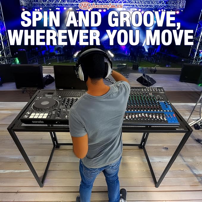 AxcessAbles Portable DJ Table XL – 54” x 27” Music Workstation | 35” Standing Height, 400lb Capacity | Collapsible FOH Sound Desk for DJs, Mixing Consoles, Guitar Techs| Recording Desk | DJ Booth