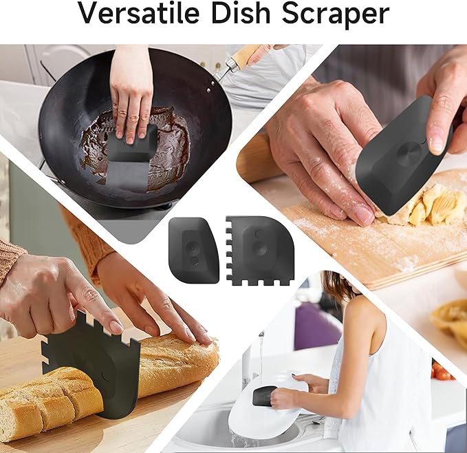 SUBEKYU Cast Iron Scrubber with Silicone Handle, Stainless Steel Skillet Cleaner for Cast Iron Pans (Red Scrubber + Scraper)