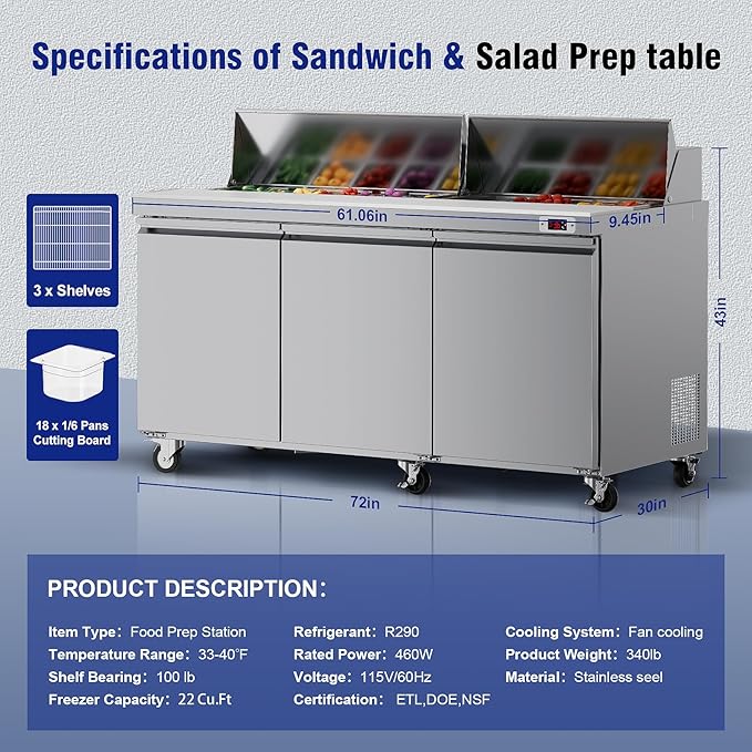 72" W Sandwich Salad Prep Table 3 Door Commercial Stainless Steel Food Prep Station, Cut Board with lock for Restaurant
