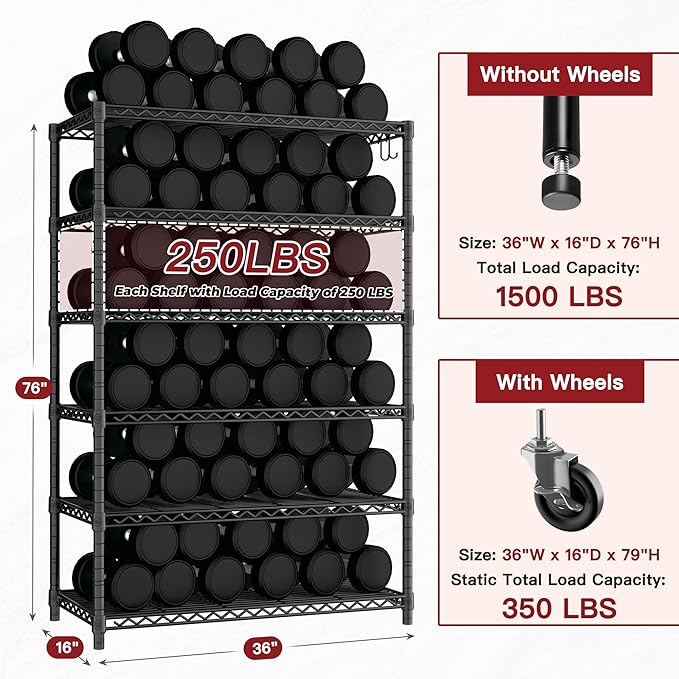 PrimeZone 6 Tier Wire Shelving with Wheels 79''H 1500lbs Storage Shelves NSF Certified Heavy Duty Steel Metal Shelf Adjustable Rolling Rack Kitchen Garage Closet Pantry Laundry 79''HX36''WX16''D 4Pcs