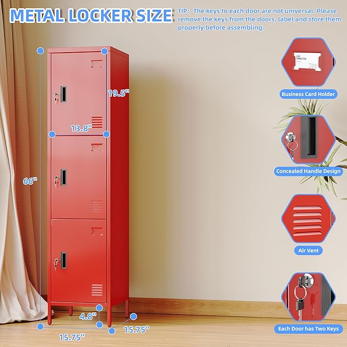 METAN Metal Storage Employees Lockers with 3 Lockable Doors and Hooks,66''H*16''W*16''D Locking Storage Cabinets for Small Spaces,Home,School,Gym,Assembly Required,Red