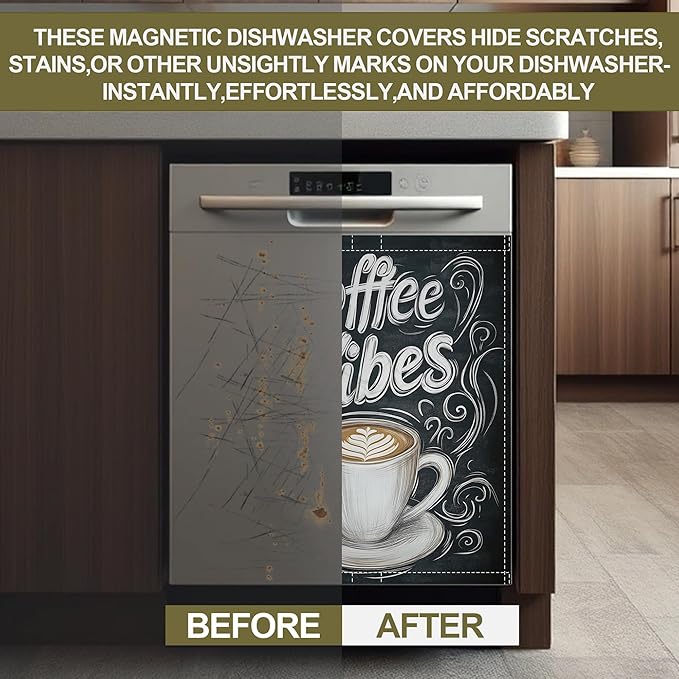 Coffee Cup Words Dishwasher Magnets Decorative Cover,Coffee Vibes Magnet Fridge Panel Decal for Home Kitchen Decor,23x26 in