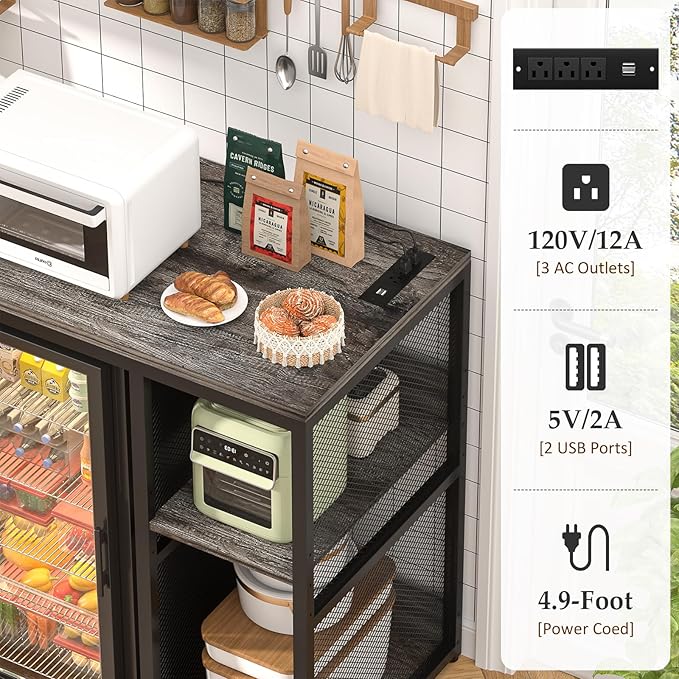 Homieasy Mini Fridge Cabinet Stand with Power Outlet, Coffee Bar Cabinet with Mini Fridge Space, Bar Stand with Microwave Shelf with Wine Rack for Kitchen, Dorm, Grey