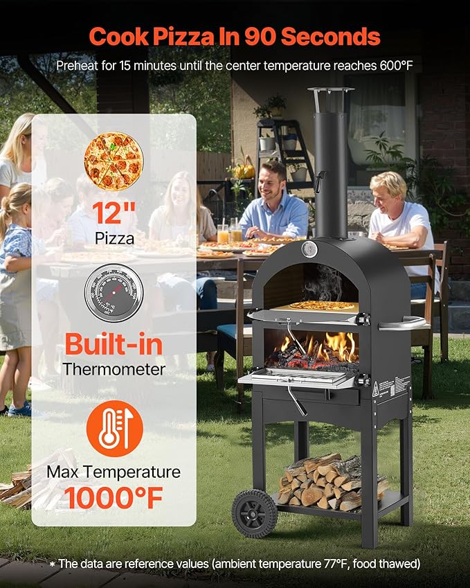 VEVOR Outdoor Pizza Oven, 12" Pellet Fire Ovens, 2-Layer Pizza Oven Wood Fired, Wood Burning Outdoor Pizza-Oven with 2 Removable Wheels, 1000℉ Max Temperature Fired Pizza-Maker Ovens for Barbecue