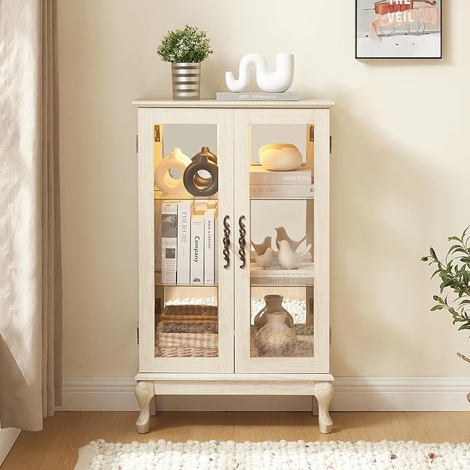 43" H Lighted Curio Cabinet Display Case, Glass Curio Cabinet with Adjustable Shelves & Tempered Glass Door, Wooden Cabinets with Mirrored Back Pane for Living Room (Antique White)