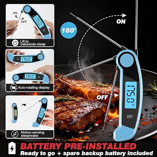 Meat Thermometer Digital Waterproof Instant Read Thermometer for Cooking ℃/℉ Convertible, Food Thermometer with Backlight, Cooking Thermometer for Kitchen Auto-Rotating Display Blue