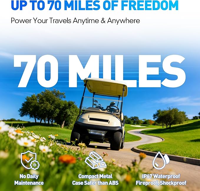 72V 105Ah Lithium Golf Cart Battery with 25A Charger, Built-in 200A BMS, Bluetooth App, IP67 Metal Case, 6000+ Cycles LiFePO4 Battery, Max 14.72kW 50-Mile Range, Seft-Heating, Perfect for Golf Cart