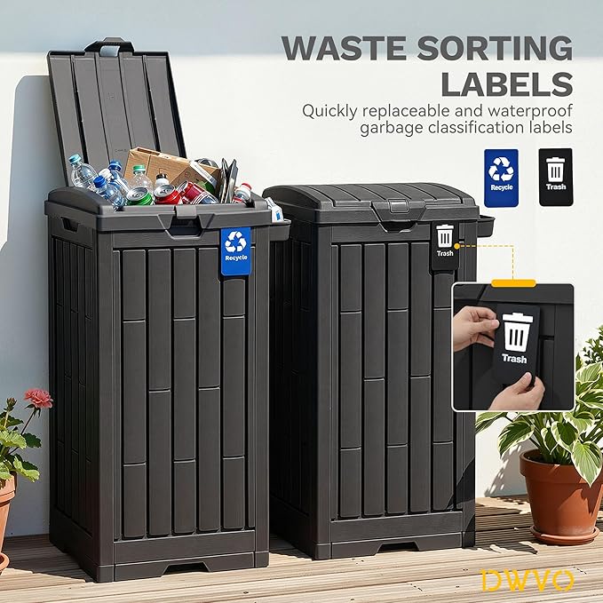 DWVO 38 Gallon Outdoor Trash Can, Resin Garbage Bin with Lid, Includes 2 Sorting Labels, Ash Holder, Stakes & Suction Cups, Hideaway Storage for Patio Backyard Garden, Black