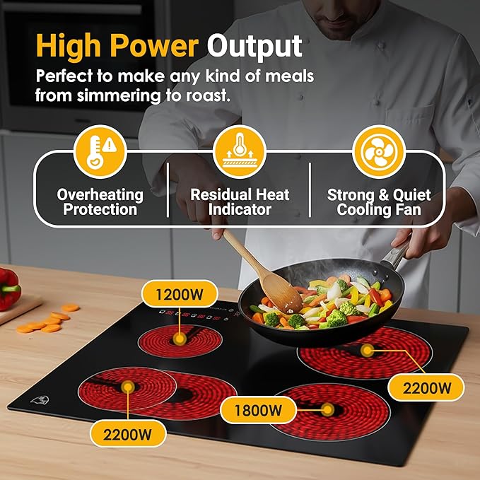 K&H 4 Burner Electric Cooktop - 24 Inch Built-In Radiant Ceramic Stove Top - 17 Power Levels & Touch Control, Compatible with All Cookware, 240V, 7200W High-Power Built-in Electric Stove, CE24-7206SL