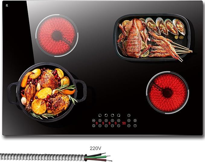 4 Burner Electric Cooktop, Built-in 30 Inch Electric Stove Top 6600W, Ceramic Stove Top with Expanded Zone, Touch Control, Child Lock, Timer, Pause Control, 220V - 240V Hard Wire, No Plug