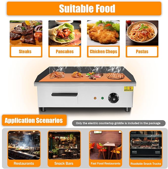 Electric Countertop Griddle, 21x12 Inch Commercial Flat Top Grill with 0.31 Inch Cast Iron Plate, 3000W 110V, Temperature Control for Restaurant, Food Truck, Snack Bar and Home Kitchen