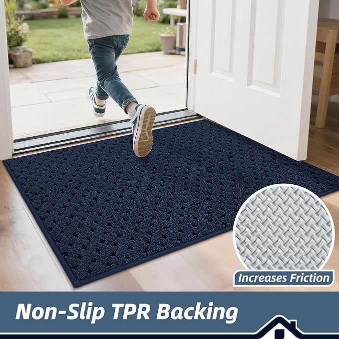 BEQHAUSE Dirt Trapper Door Mat Non-Slip Entryway Rugs Stain Resistant Absorbent Dog Doormats Woven-Look Washable Welcome Floor Doormat for Front Back Door, Muddy Wet Shoes & Paws, 24" x 36", Blue