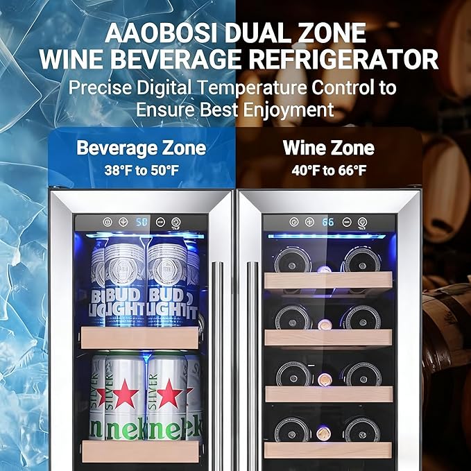 AAOBOSI Upgraded 88 Cans Dual Zone Wine and Beverage Cooler,Built-in and Freestanding,Removable Fashion Wooden Frame,Intelligent Digital Temperatrue Control,Low Noise,Dual Zone 24 Inch 19 Bottles