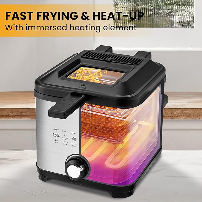 SUSTEAS 1.5 Liter/1.35QT Electric Deep Fryer, 900W, Timer Control, Adjustable Temperature, Lid with Viewing Window and Removable Frying Basket, Stainless Steel, Perfect for Kitchen, French Frie
