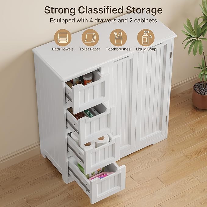 Gizoon Storage Cabinet, Bathroom Floor Cabinet, Kitchen Pantry, Side Storage Organizer with 4 Drawers & Double Doors, Adjustable Shelf, for Bathroom, Living Room, Entryway, White