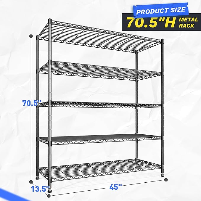2 Set of 45 W Storage Shelves 5 Tier Wire Shelving Unit Adjustable Metal Shelving Wire Shelf Pantry Shelves Wire Commercial Rack for Closet Kitchen Pantry Garage 45" Wx 13.5" Dx70.5 H Black