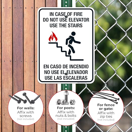 in Case of Fire Do Not Use Elevator Use The Stairs Bilingual Sign, Fire Safety Sign, 18x24 Inches, Rust Free .063 Aluminum, Fade Resistant, Indoor/Outdoor Use, Made in USA