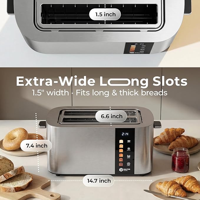 Toaster 4 Slice Wide Slot, Bagel Function, Long Slot, Stainless Steel, Touch Screen, Built-in Rack, Extra-Wide 1.5" Slots for Thick Breads & Bagel, Timer, BPA-Free, 6 Levels, Removable Tray
