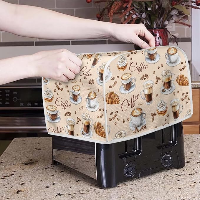 Coffee Croissant Print 2 Slice Toasters Cover with Handle Stain Resistant Bread Maker Covers Kitchen Small Appliance Dust-Cover Kitchen Accessories for Toaster