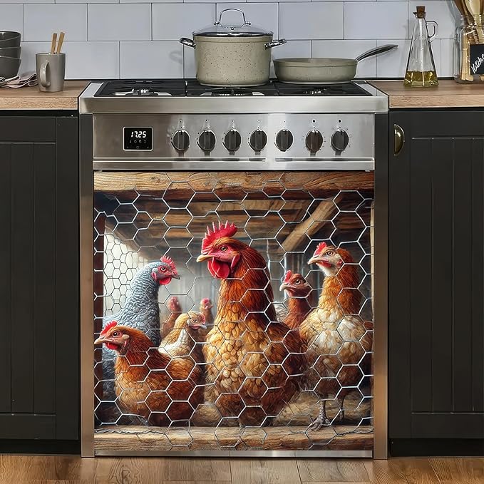 Magnetic Farm Chicken Dishwasher Cover 23x26 Inch Kitchen Decor Rooster Dishwasher Sticker Magnet Cover Chicken Mother Fridge Magnetic Country Farmhouse Window Fridge Door Cover