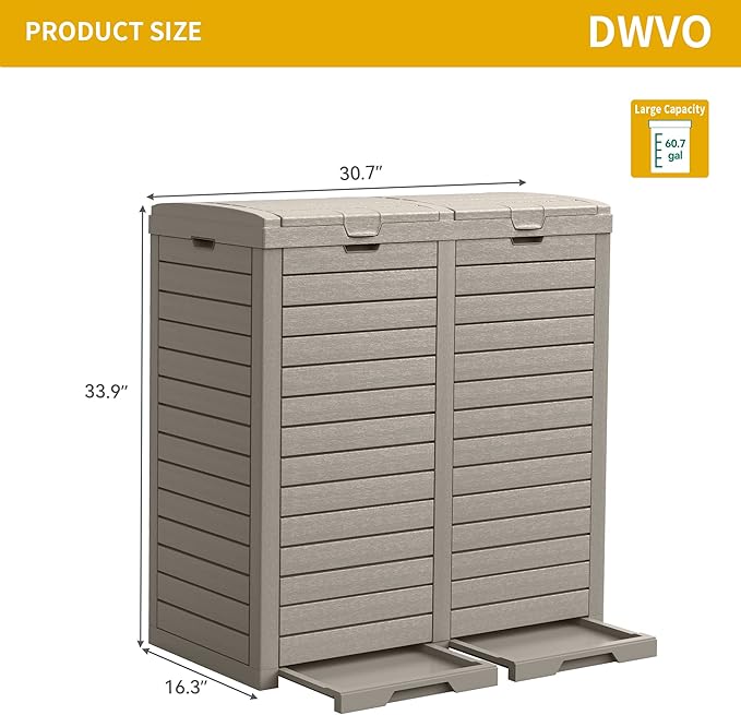DWVO 76 Gallon Outdoor Resin Trash Can with Dual Lid and Drip Trays, 248 Quart Hideaway Garbage Bin for Porch, Backyard, Deck, Patio, Poolside, Easy Maintenance, 30.7''L x 16.3''W x 33.9''H (Taupe)