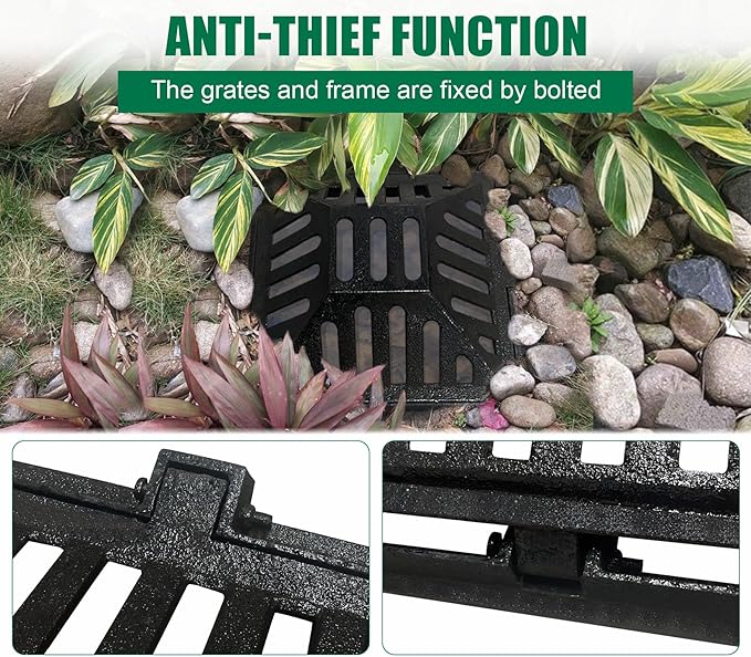 Ductile Iron Atrium Grate and Frame,18x18in Square Beehive Catch Basin Inlet, Metal Overflow Relief Gully Grates for Yard,Heavy Duty Swale Drain Grates Bolted with Base(Frame Size 20x20in)