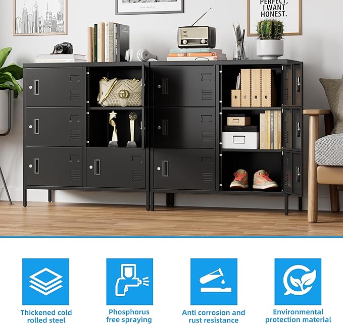 METAN Metal Lockers for Employees,6 Doors Office Storage Lockers with Lock for Office, Assembly Required,Black