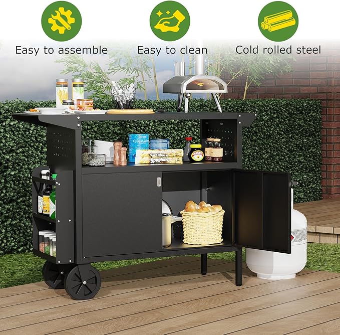 Grill Table,Outdoor Grill Cart with Storage,Outdoor Bar Cart with Wheels,Foldable Tabletop,Kitchen Island for Prep,Patio BBQ(Metal)