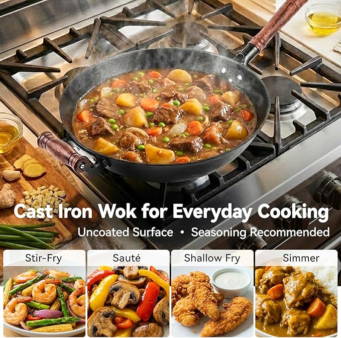 WANGYUANJI Cast Iron Wok Pan 13.4 Inch, Flat Bottom Chinese Stir Fry Wok with Wooden Lid & Handle, Textured Uncoated Large Wok Skillet for Induction Cooktop, Gas & Electric, Seasoning Recommended