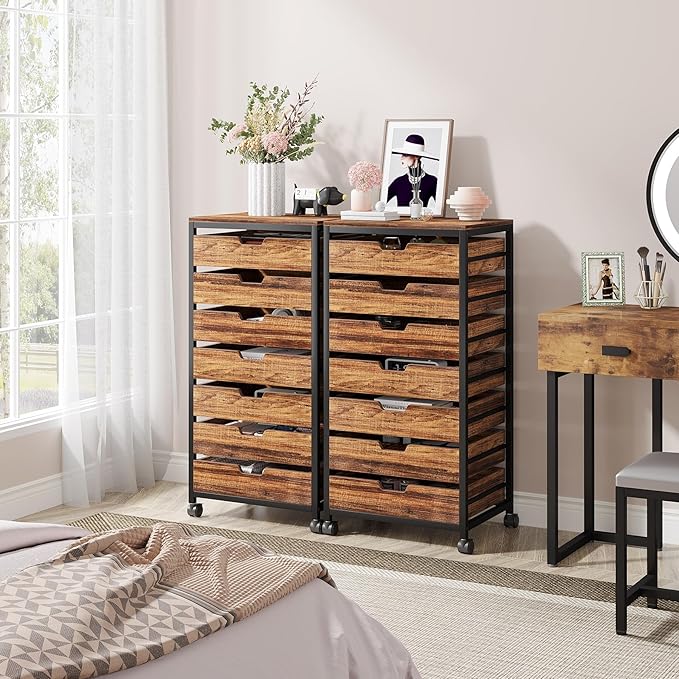 Tribesigns 7 Drawer Chest, Wood Storage Dresser Cabinet with Wheels, Industrial Storage Drawer Organizer Cart for Office Bedroom Entryway (Rustic Brown, 1 PC)