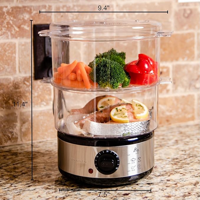 OVENTE 2-Tier Electric Food Steamer, 5 Quart Stainless Steel Stackable Steam Cooker with 400W Power, 60-Minute Timer & Auto Shut-Off, Dishwasher Safe, Healthy Vegetable & Seafood Steamer, Silver FS62S