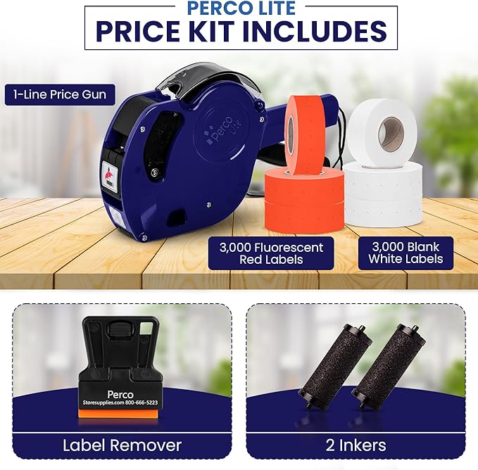 Perco Lite 1 Line Price Gun with Labels Kit - Includes 3 White Rolls, 3 Fluorescent Red Rolls, 2 Ink Rollers - 1 Ink roll and Labels Pre-Loaded