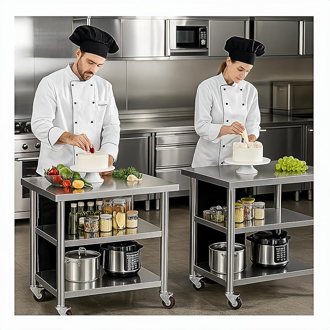 Stainless Steel Table with Wheels for Food Preparation and Work, Multi-Size Optional, Three-Layer Variable Two-Layer Metal Commercial Workbench Outdoor, Restaurant, Kitchen (36" Lx24 Wx34 H)