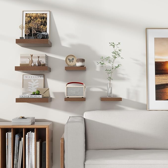 Square Floating Shelves for Wall 12"W x 12"D x 1.4"H, Small Engineered Wood Wall Shelves with Invisible Brackets for Living Room Bedroom Bathroom Office Kitchen Storage Decor, Walnut Finish, Set of 3