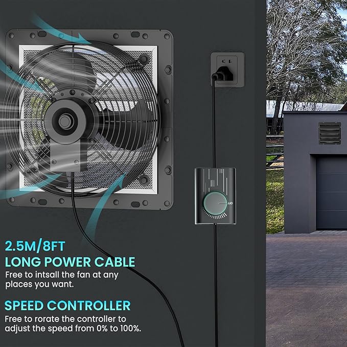 HG Power 12 Inch Shutter Exhaust Fan, 764CFM High-Speed, 1400RPM Wall-Mounted Ventilation Fan for Shed, Garage, Greenhouse - with, ON/OFF Switch & 8FT Power Cord, Black