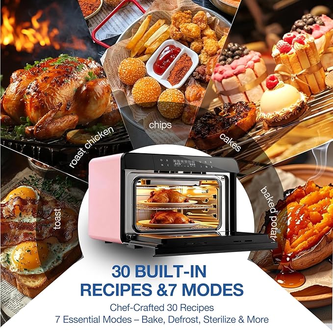 ROBAM Countertop Combi Steam Oven, 20-in-1 Multifunction Air Fryer, Convection Steam Roast & Bake, Multi-Stage Cooking, Self-Clean, Heat-Resistant, 7 Modes, 30 Built-In Recipes CT763 (Pink)
