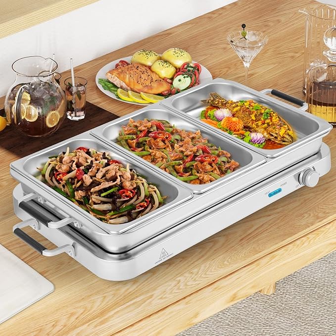 Giantex Buffet Server & Electric Food Warmer, 2-in-1 Food Warming Tray, Adjustable Temperature, 3 Food Pans with Lids, Dishwasher Safe, 8 QT Stainless Steel Chafing Dishes for Parties Holiday Events