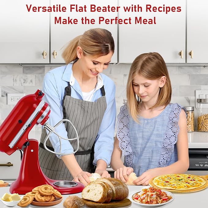 Premium Stainless Steel 5qt Flat Beater for Kitchenaid 4.5-5QT Tilt-Head Mixer, Polished Smooth Uncoated,Thoroughly Mixing with 0% Residue&Stable Operation, Dishwasher Safe, Durability,Recipes&Spatula
