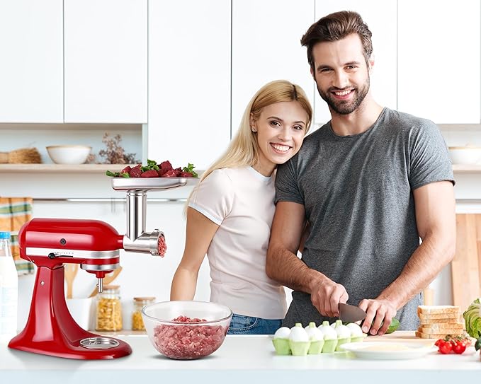 Stainless Steel Food Grinder Attachment for KitchenAid Mixers, Heavy-Duty Metal Meat Grinder with 3 Sausage Stuffers & Grinding Plates, Dishwasher Safe Accessories by Rafbar