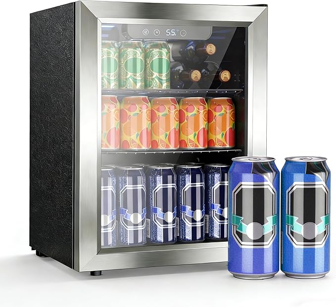 COWSAR 1.7 Cu Ft Beverage Refrigerator and Mini Fridge Cooler - 68 Can Capacity, Glass Door, Quiet Operation, LED Temperature Control, Holds 16 Wine Bottles for Bar, Home, Office