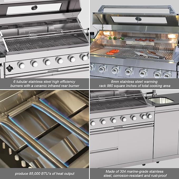 Outdoor Kitchen Island, 96 Inch 6 Burner Gas Grill Combination With Refrigerator and Sink, Outdoor Stainless Steel Barbecue Bar, Natural Gas Barbecue Grill 85000 BTU for Patios, Gardens, Parties
