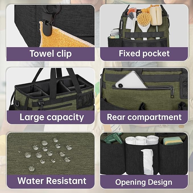 Wearable Cleaning Caddy Bag for Cleaning Supplies,Large Capacity Cleaning Organizer Green