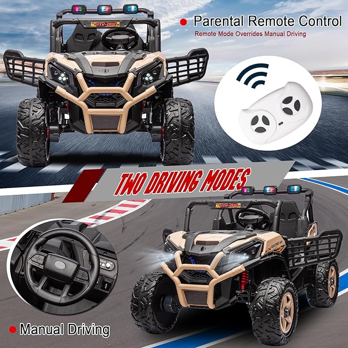 24V 2 Seater Kids Ride On UTV, Battery Powered Electric Car with Remote Control, 4WD Ride On Truck, Side by Side Ride On Car with Bluetooth, Sand Yellow