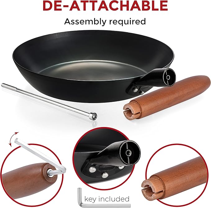 YOSUKATA 11.8" Carbon Steel Frying Pan – Non-Toxic Pre-Seasoned Skillet with Removable Wooden Handle – Coating-Free Wok-Style Pan for Gas, Induction, Electric, Oven & Grill BBQ