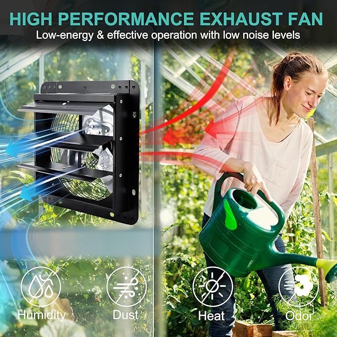 14 Inch Shutter Exhaust Fan for Greenhouse, Shed, Garage, Barn, Chicken Coop Ventilation, 1088 CFM High Power Wall Mount Attic Fan with Speed Controller and Power Cord, Black