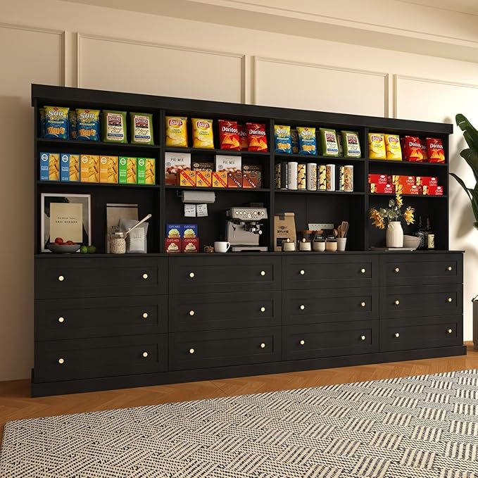 Vyre 71" Farmhouse Kitchen Pantry Cabinet Set of 4, Black Freestanding Coffee Bar Hutch with Drawers & Adjustable Shelves, Large Storage Cabinet with Microwave Stand for Living Room & Kitchen