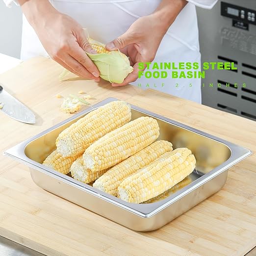 EGGKITPO 6-Pack 1/2 Size Stainless Steel Catering Pan, 2.5 Inch Deep Hotel Pan for Restaurant, Buffet, Party Supplies